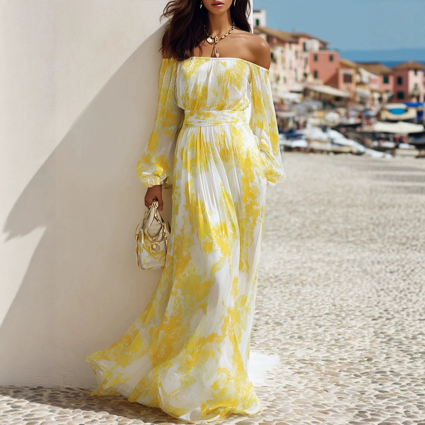 Women's French Style Printed Chiffon Long Sleeve Waist Dress