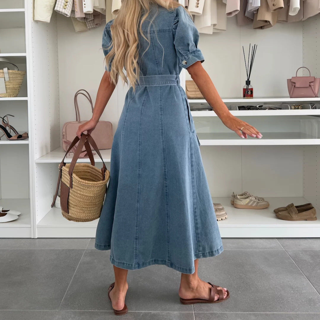 Women's Summer Lapel Tied Single-breasted Short-sleeved Denim Dresses