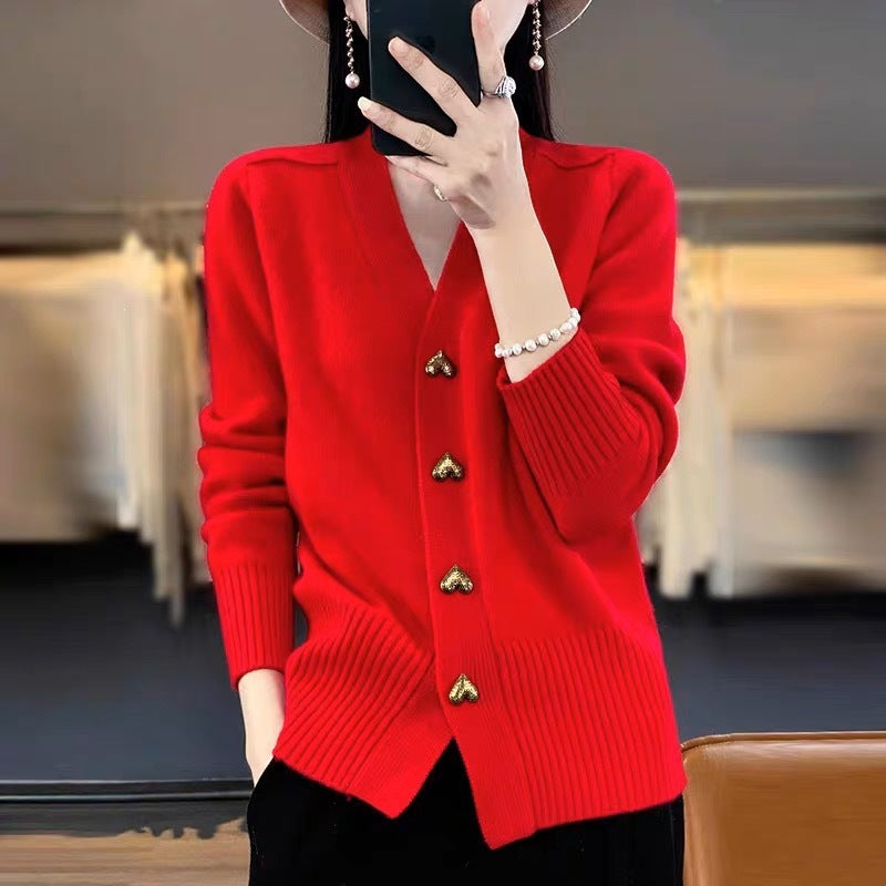 Women's Solid Color Simple Heart Buckle Outer Wear Sweaters