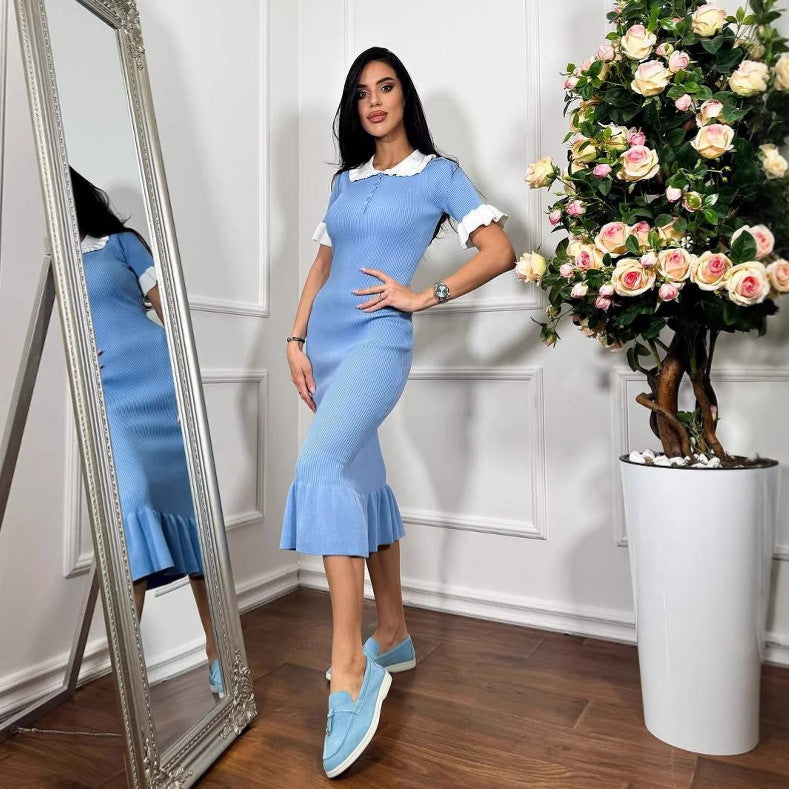 Women's Ruffled Classic Style Dress Summer Hepburn Tight Fishtail Sleeve Dresses