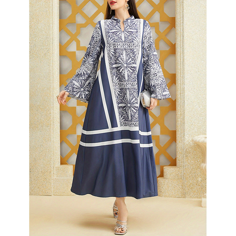 Women's Patchwork Contrast Color Retro Pattern Robe Dress