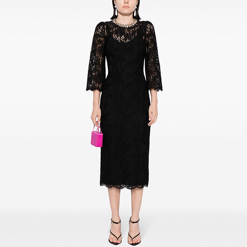 Graceful Fashion Bead Long-sleeved Water-soluble Lace Dress