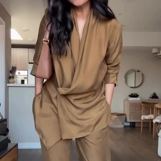 Women's Long-sleeved Pleated Casual Loose Camel Suits