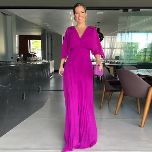 Women's Color Pleated Bat Sleeve High Waist Big Swing Long Dresses