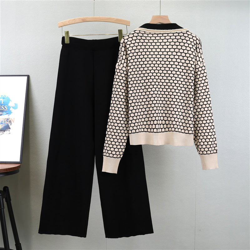 Women's Plaid Elegant Knitted Fashionable Wide Leg Fashion Casual Suit
