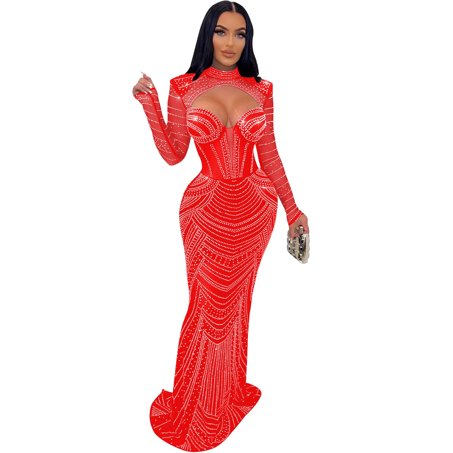 Women's Wear Solid Color Rhinestone Mesh Long Dresses