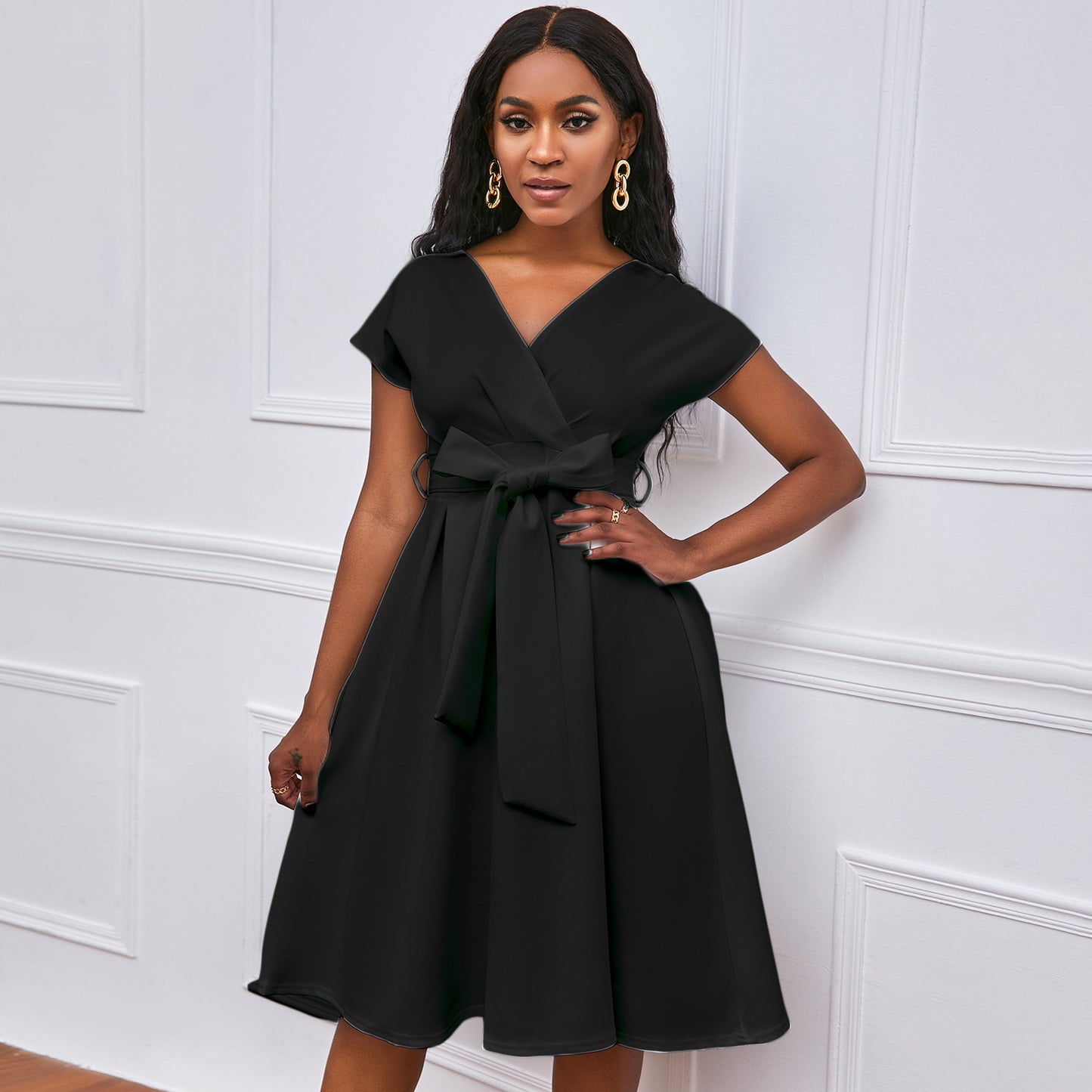 Color Waist Tight Bow Bandage Large Dress