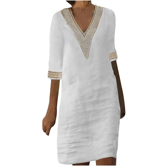Women's Linen Small Lace Patchwork Retro Solid Dresses