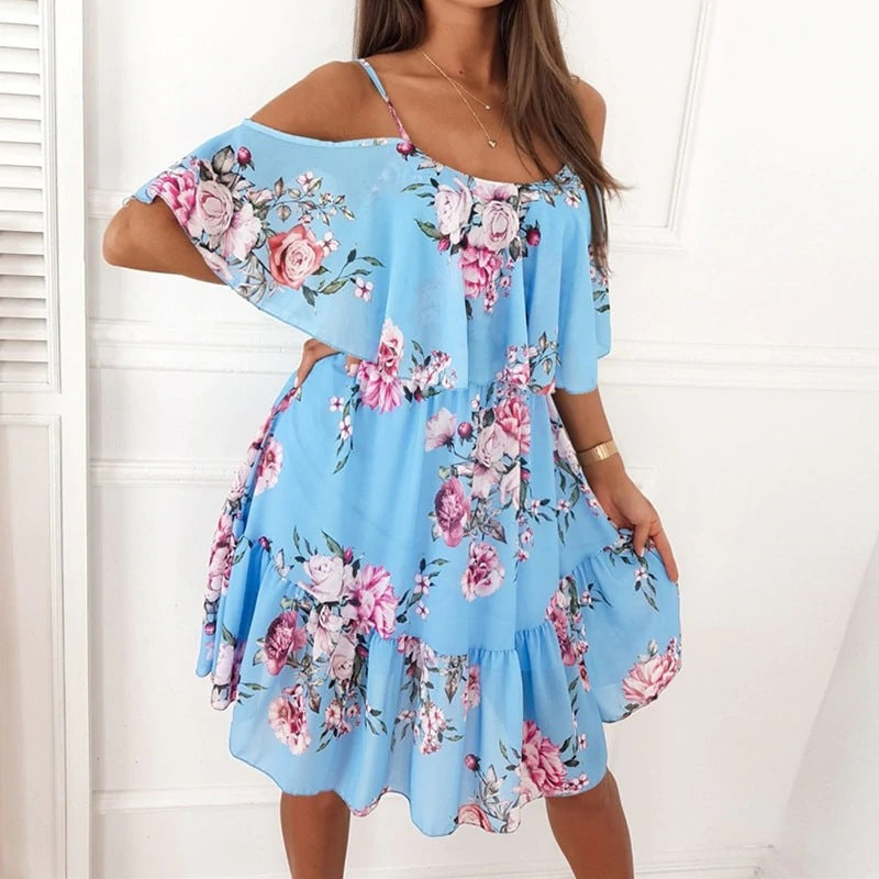 Women's Chiffon Printed Sexy Strapless Suspenders Large Hem Dress