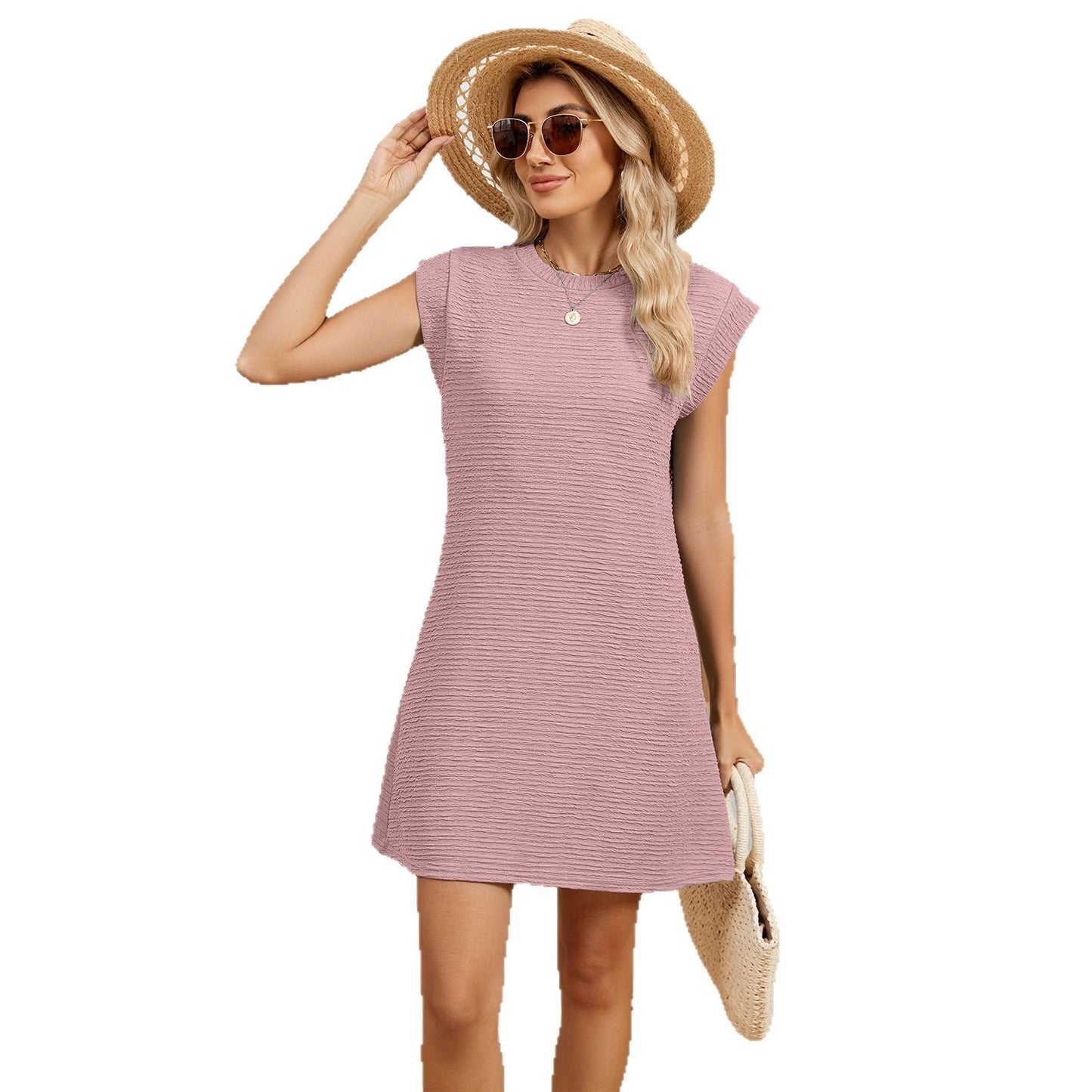Solid Color Round Neck Loose Pocket Dresses