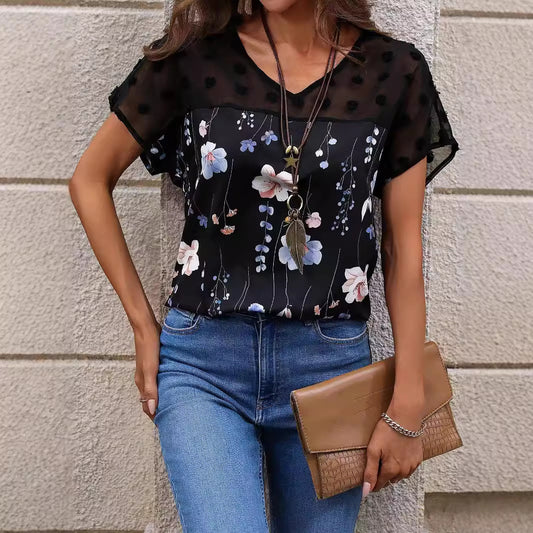 Women's Summer Fashion Printed Lace Stitching Short-sleeved Blouses