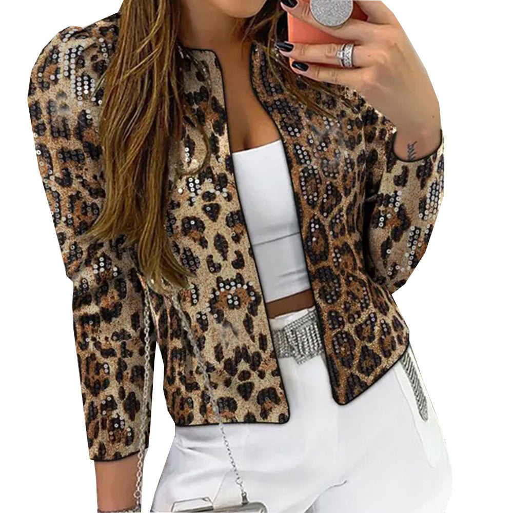 Women's Leopard Print Sequin Personality Outdoor Long Coats