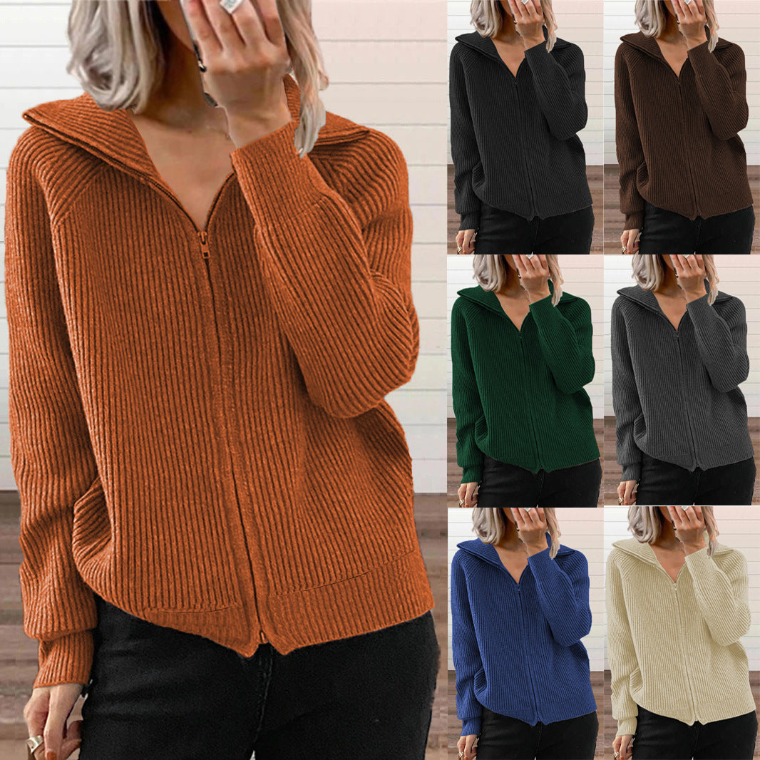 Women's Striped Casual Loose Zipper Long Sleeve Lapel Cardigans
