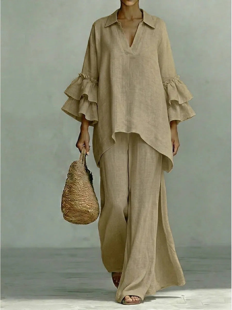Women's Solid Color Shirt Collar Loose Trousers Fashion Casual Suit