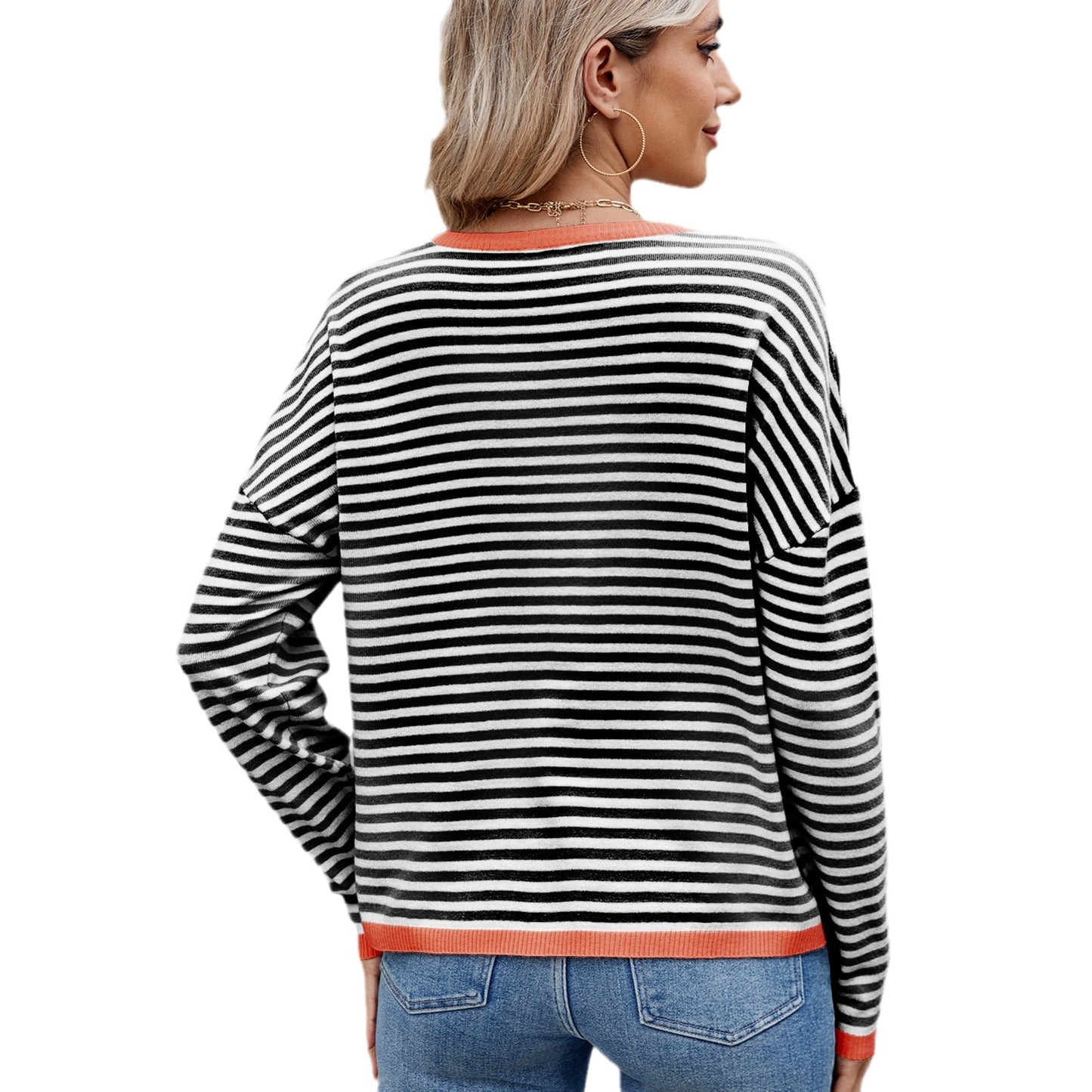 Women's Contrast Color Trim Striped Loose Long Sleeve Knitted Sweaters