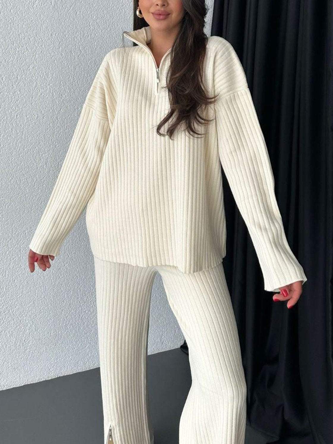 Women's Zipper Knitting High Neck Ribbing Home Suits