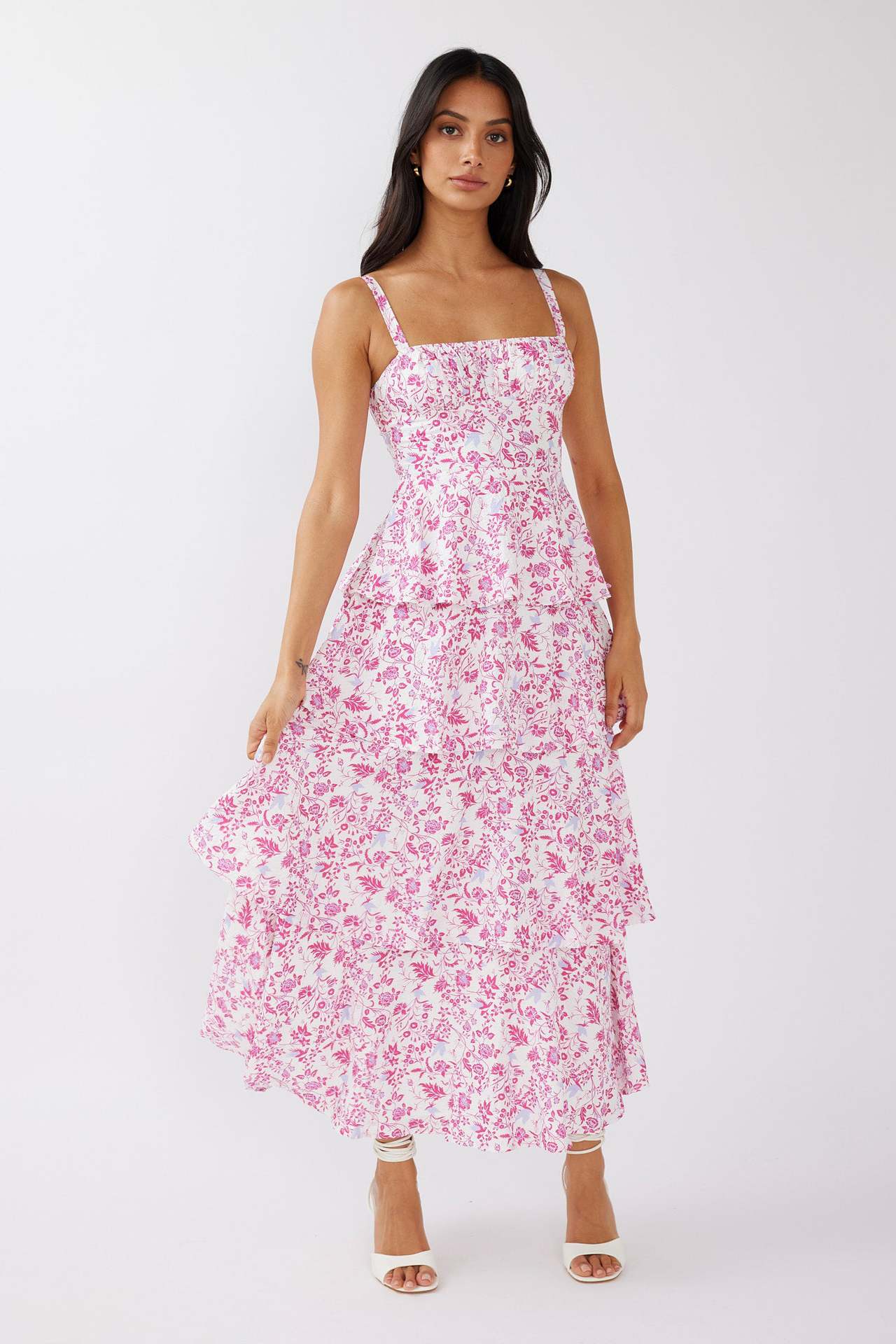 Women's Waist Trimming Spaghetti Straps Printed Long Dresses