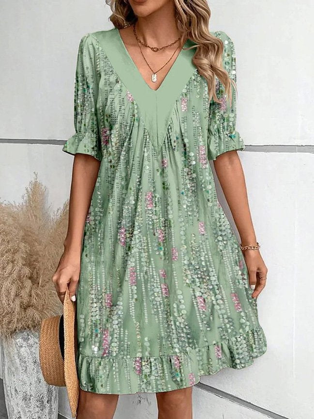 Women's Stitching Printed Ruffle Sleeve Fashionable Elegant Dress