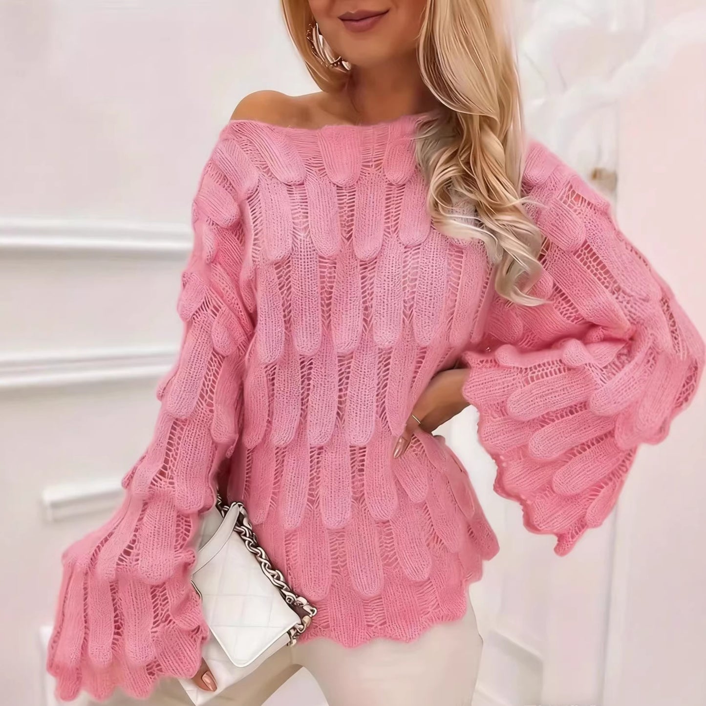 Women's Chic Feather Loose Pullover Fashionable Long Sleeve Hollow Sweater