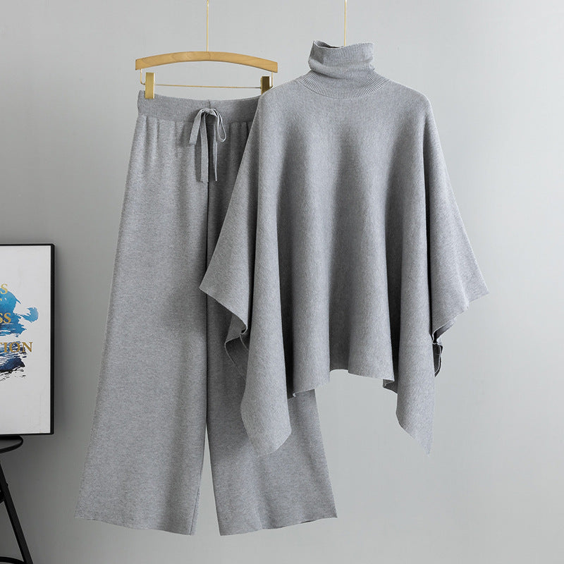 Women's Two-piece Turtleneck Cape Knitted Wide Leg Elegant Fashion Casual Suit