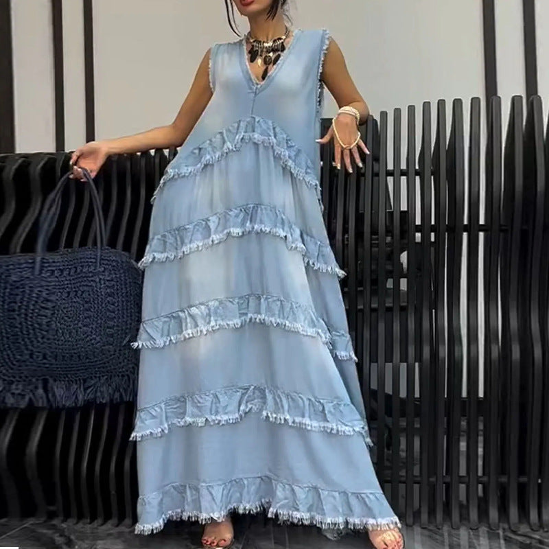 Women's Summer Solid Color Fashion Edging Stitching Dresses