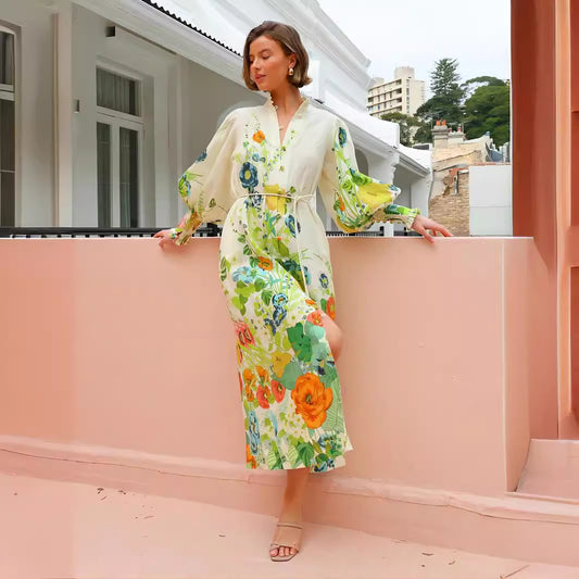Single-breasted Long Lantern Sleeve Iti Printing Dresses