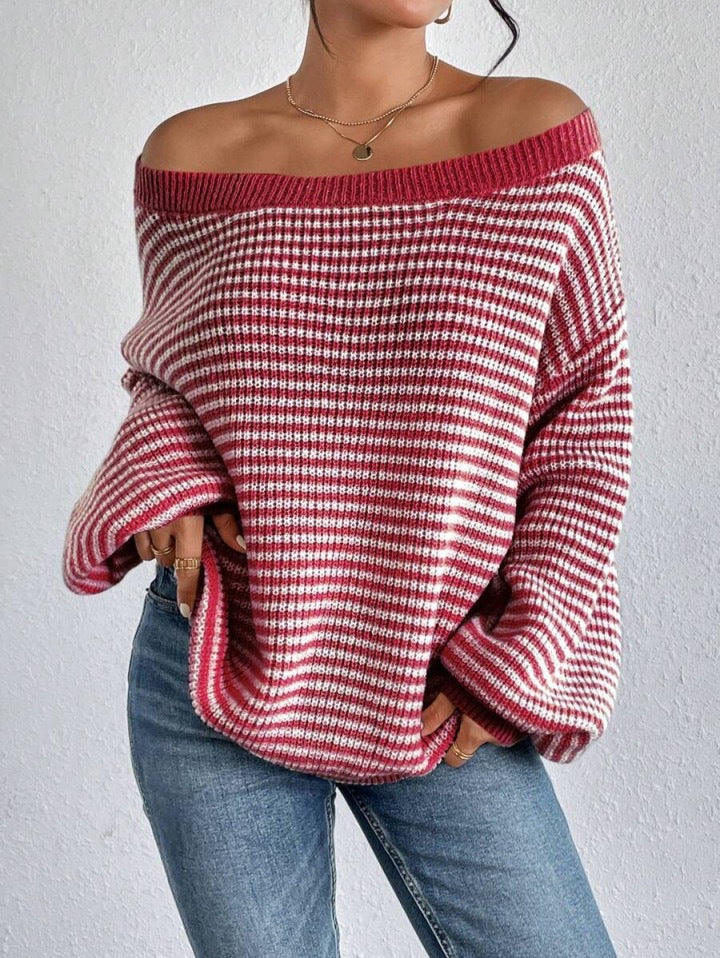 Women's Loose Contrast Color Striped Lantern Sleeve Sweater