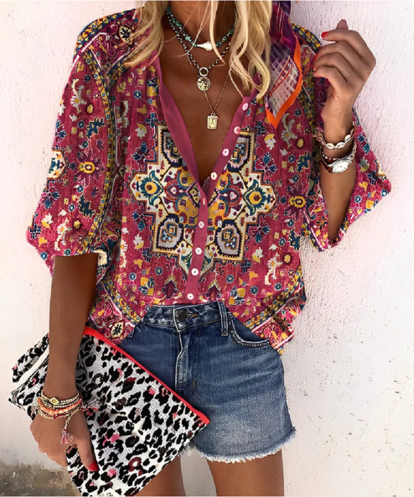 Women's Fashion Summer Stand Collar Loose Button Retro Blouses