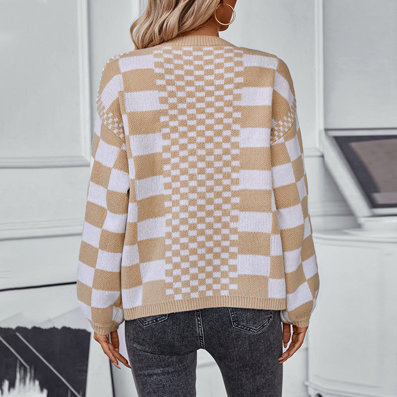 Women's Contrast Color Check Casual Loose Lantern Sleeve Sweaters
