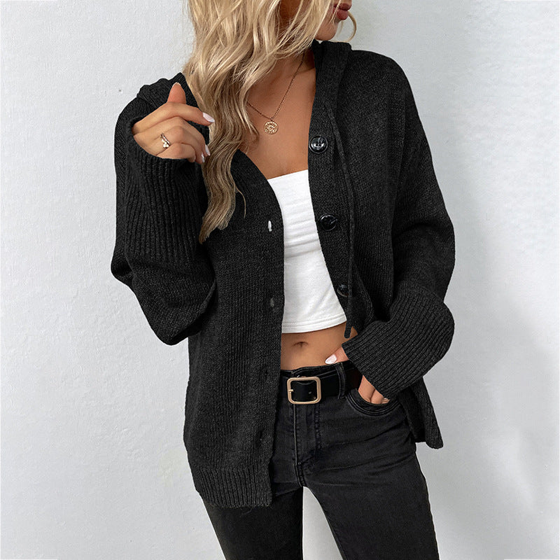 Women's Solid Color Hooded Single-breasted Drawstring Knitted Coats