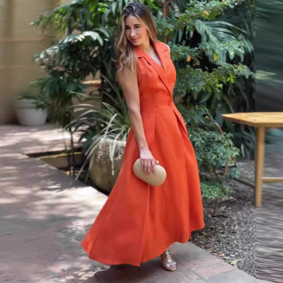 Autumn Solid Color Polo Collar Pleated Long Dresses