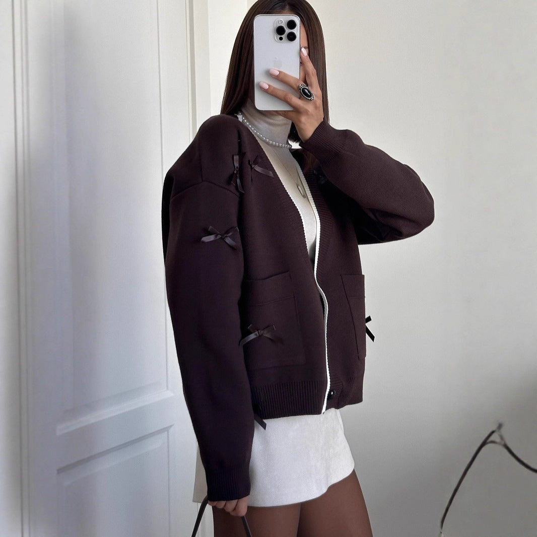 Bow Long Sleeve Loose Contrast Color Sweaters