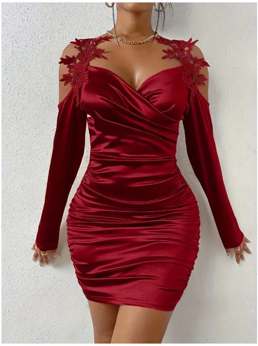 Cool Satin Elegant Lace Tight Draped Dress