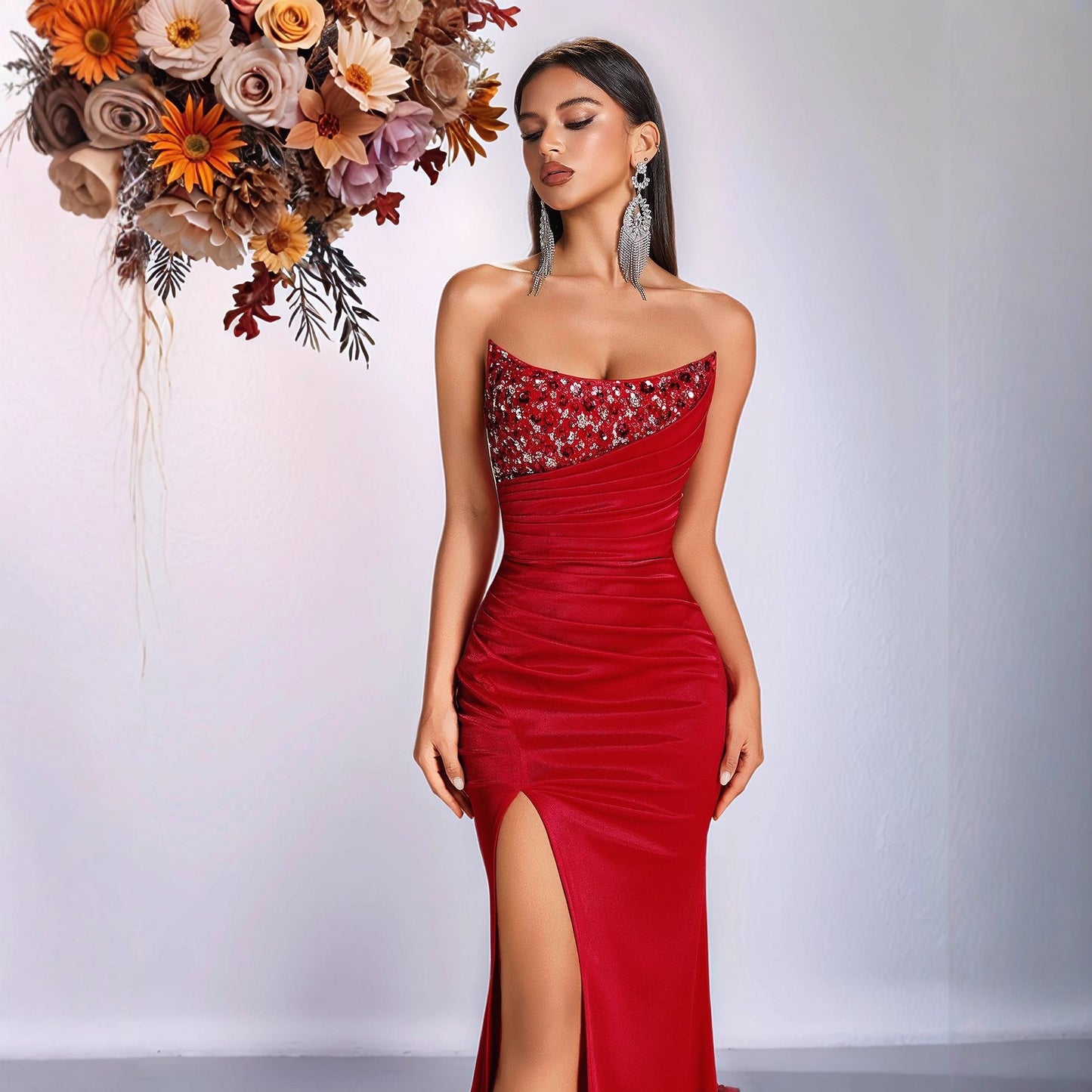 Pure Color Sequined Rhinestone Slit Banquet Dress