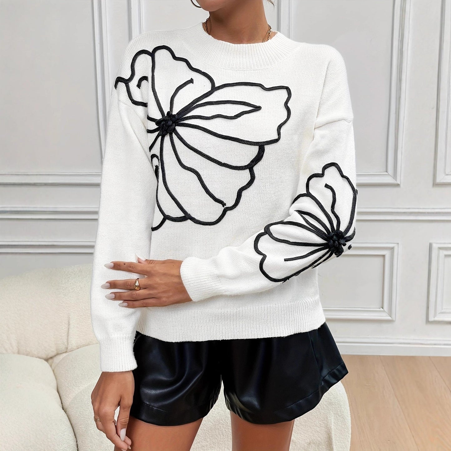 Embroidered Large Flower Crew Neck Casual Sweater