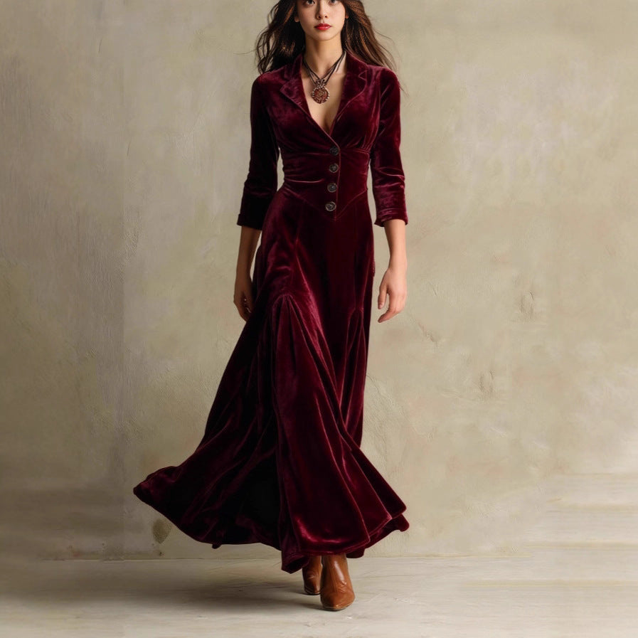 Women's Color Buttons Lapel Sleeve Maxi Waist Dress