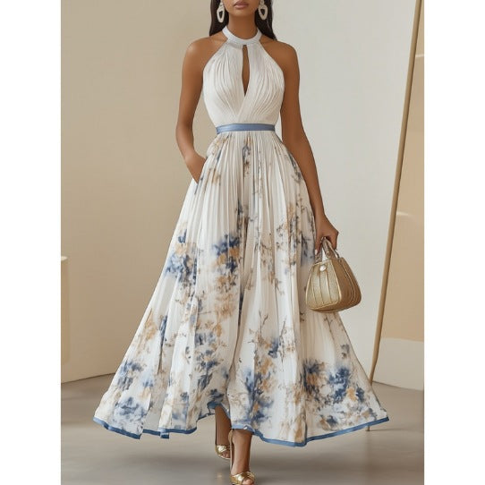 Women's Digital Print Collar Sleeveless Pleated Long Dress
