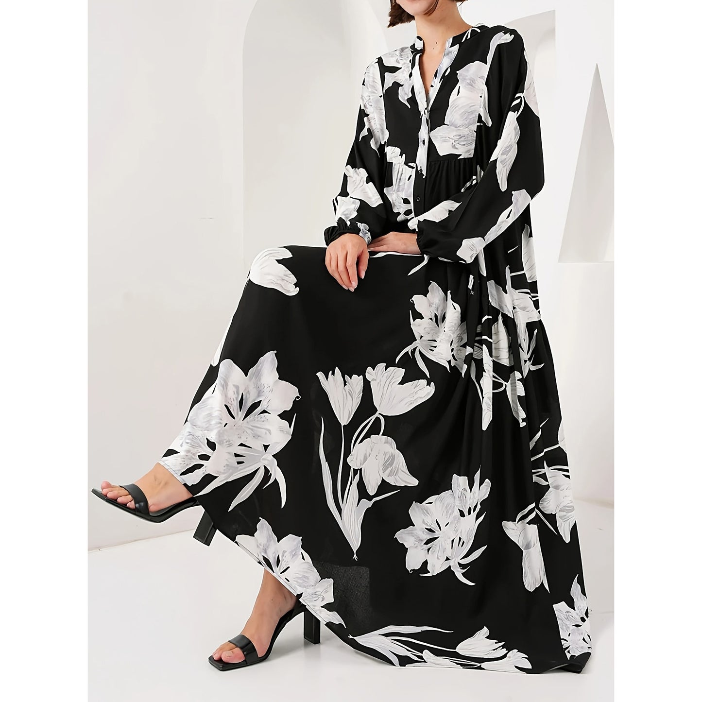 Graceful Noble Robe Flower Long Shirt Dress