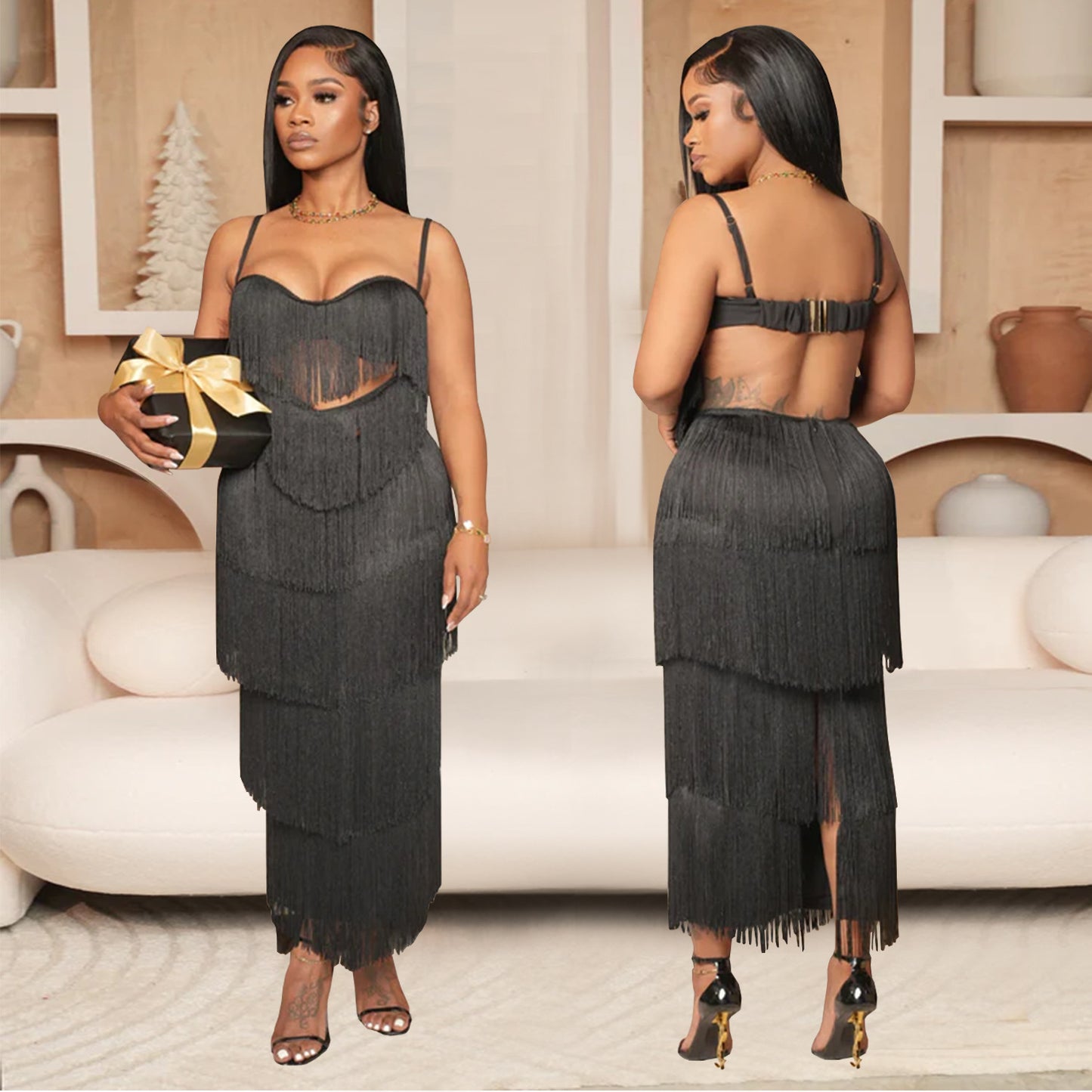 Women's Wear Sexy Strap Backless Tassel Long Dresses