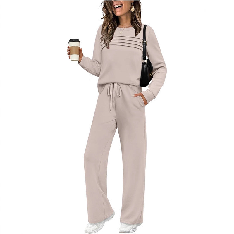 Women's Autumn Long Sleeve Round Neck Elastic Waist Trousers Fashion Casual Suit