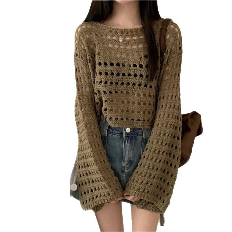 Women's Bell Sleeve Air Conditioning Shirt Hollow Thin Breathable Mesh Knitted Blouses