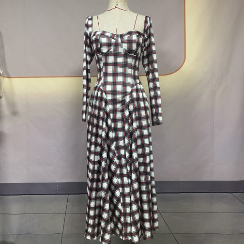 Women's Collar Plaid Long Sleeve Slim Fit Dresses