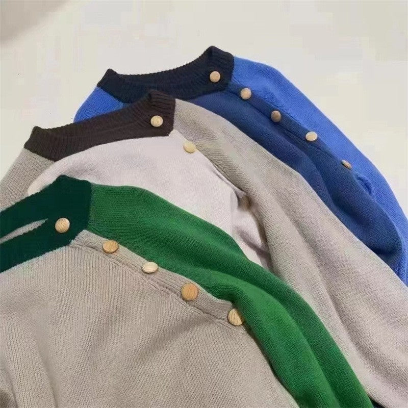 Women's Contrast Color Crew Neck Pullover Casual Irregular Diagonal Sweater