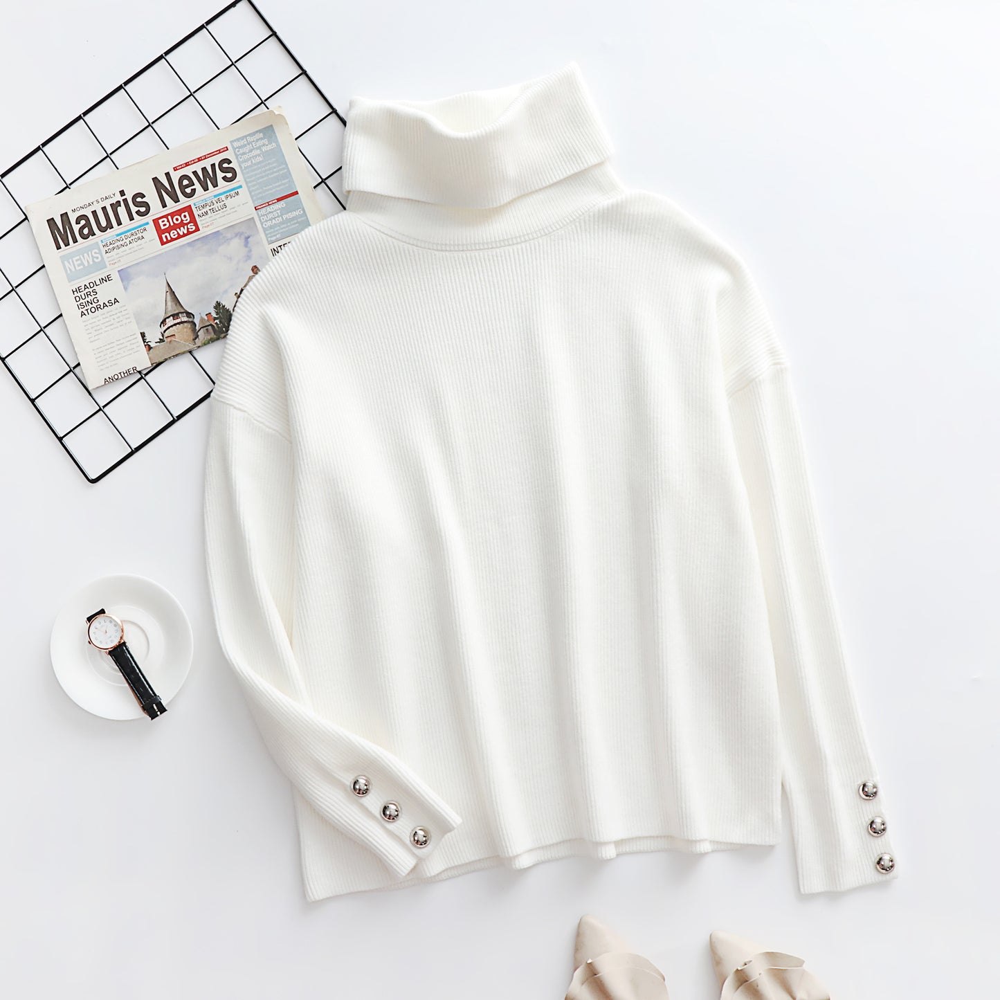 Women's Winter Turtleneck Cuff Pullover Solid Color Knitwear
