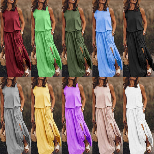 Women's Summer Round Neck Sleeveless Dress Split Dresses