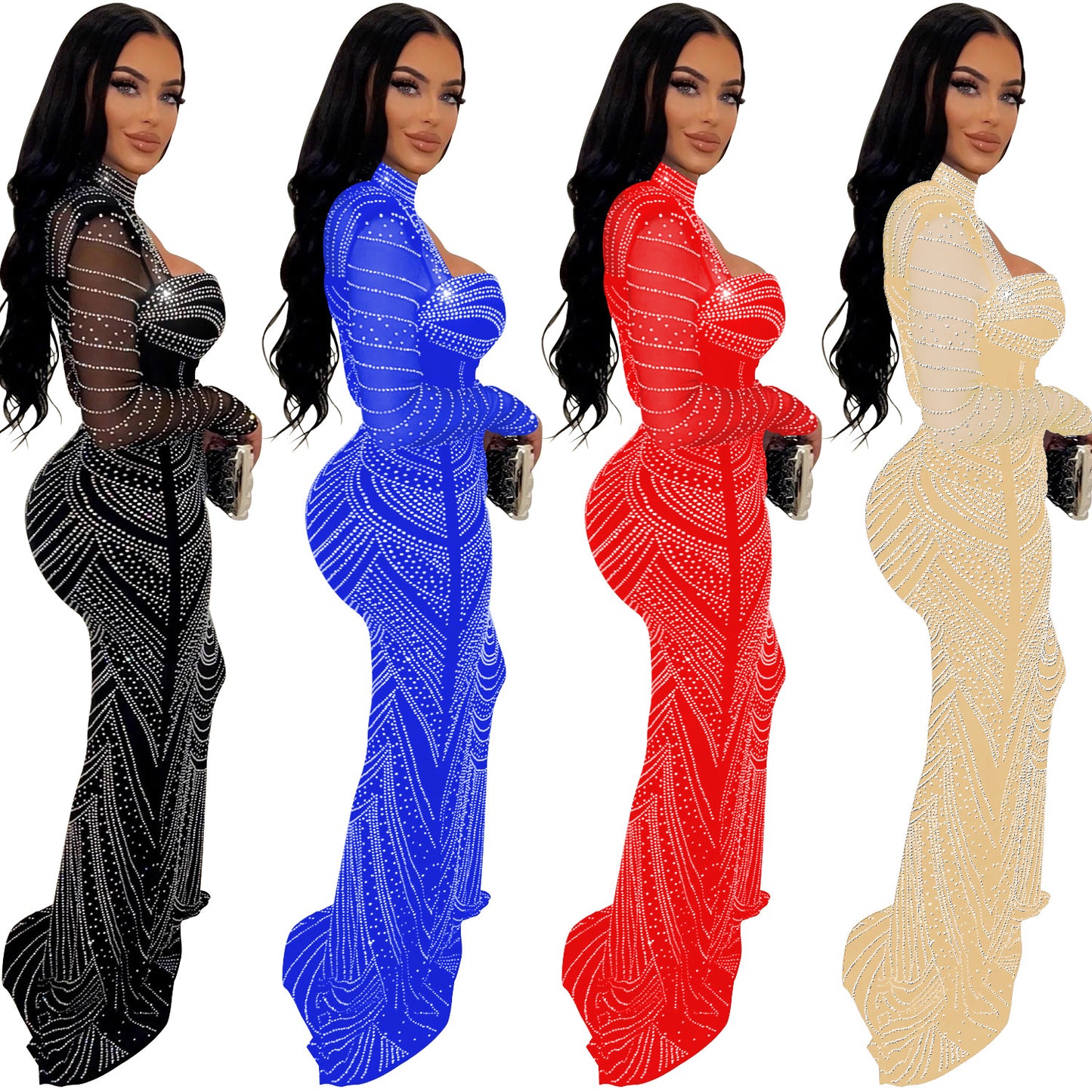 Women's Wear Solid Color Rhinestone Mesh Long Dresses