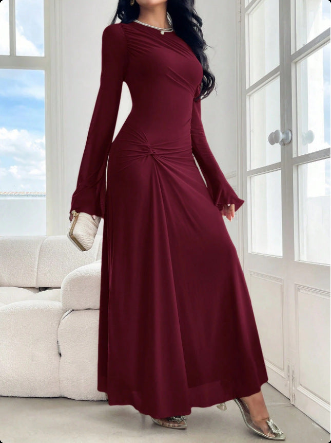 Flared Sleeves Tight Waist Pinch Pleated Slim Fit Solid Color Dress