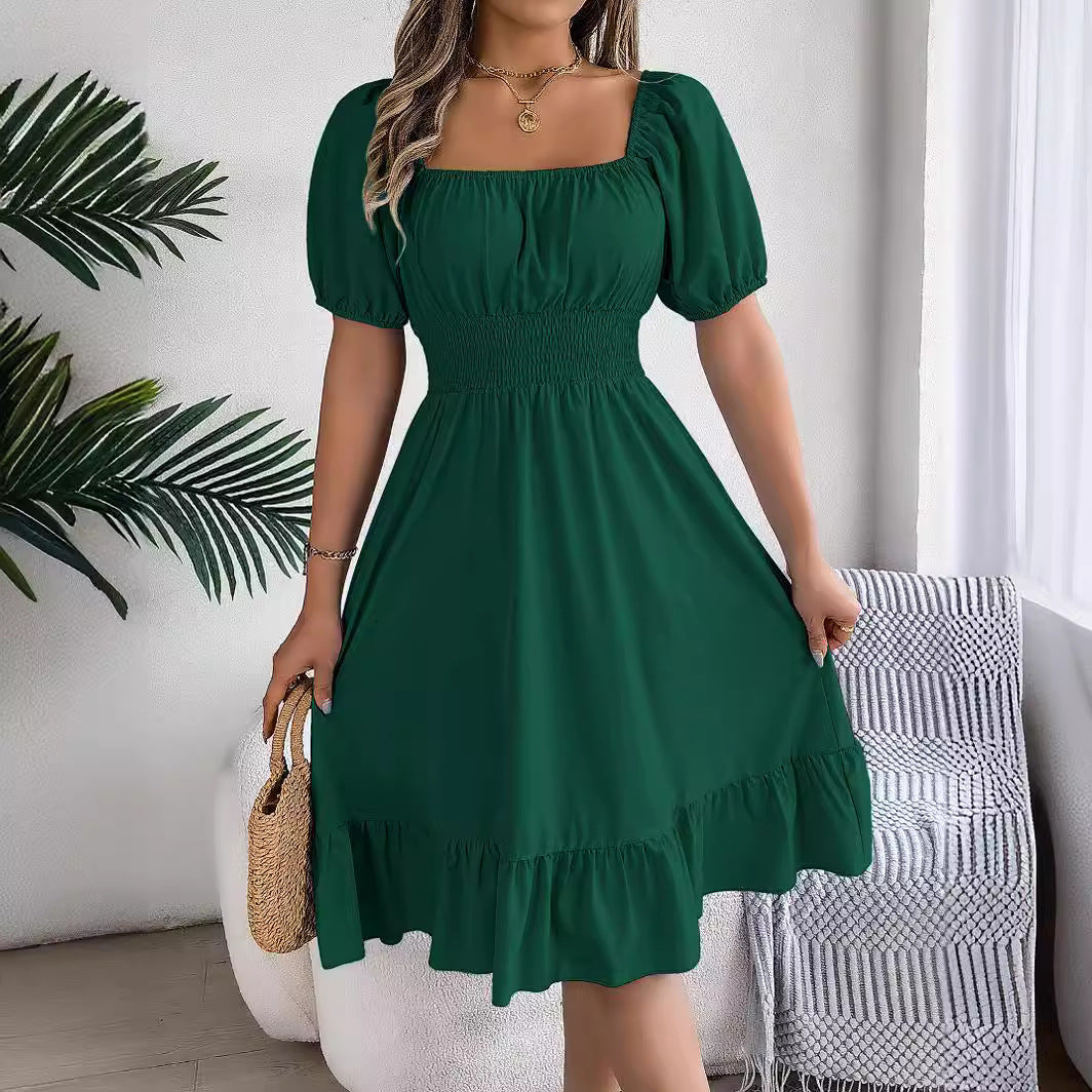 Women's Casual Square Collar Sleeve Waist Trimming Ruffles A- Dress