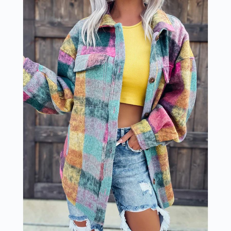 Woolen Printed Casual Fashion Polo Collar Coats