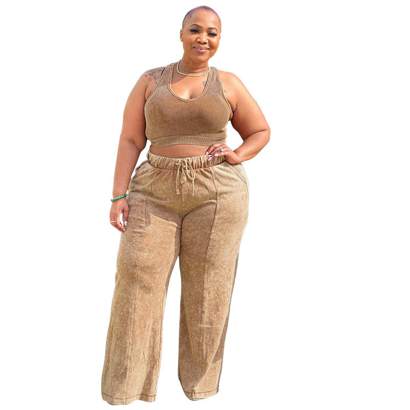 Women's Sleeveless Midriff Outfit Elastic Waist Wide Suits